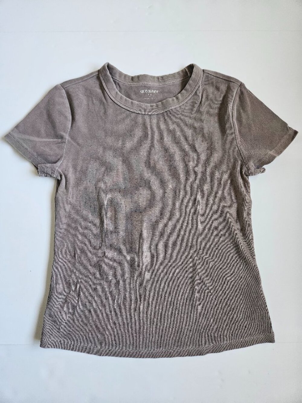 Stained Old Navy Women's Solid Brown Ribbed Crew Neck Short Sleeve T-Shirt Top